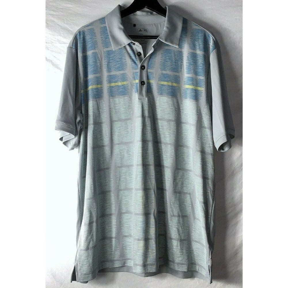 Adidas ClimaCool Mens Golf Polo Shirt Size L Gray Turquoise Yellow Green Stripe - Picture 1 of 7